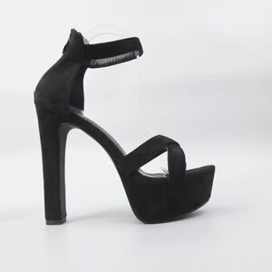 Women Chunky High Heels 7 Black Faux Suede Strappy Hoco Prom Whimsigoth Party